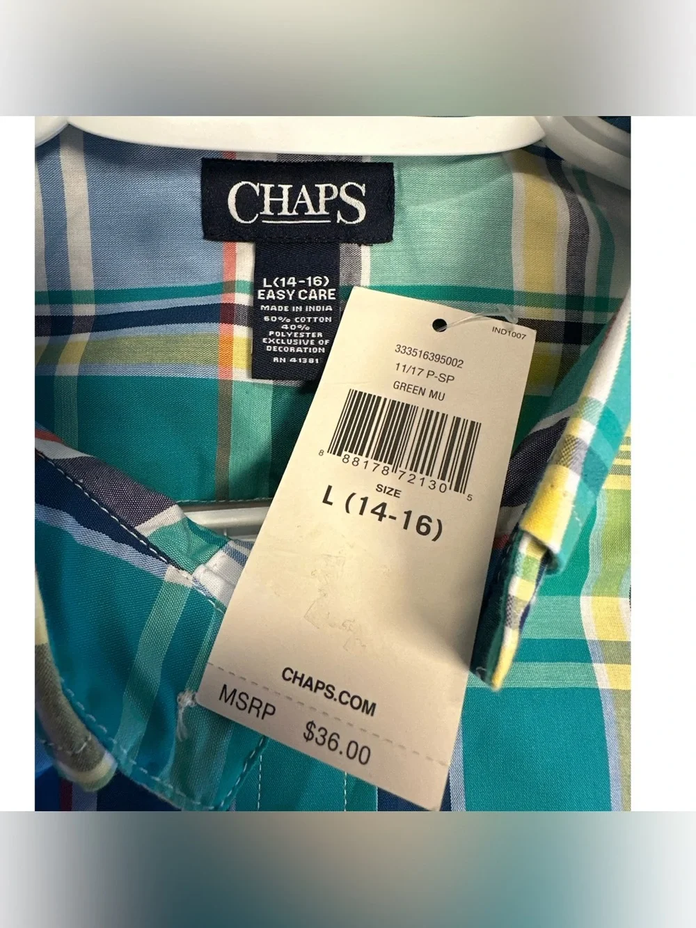 New Boy’s Chaps Plaid Button-down Ling-sleeve Shirt Size L(14-16)